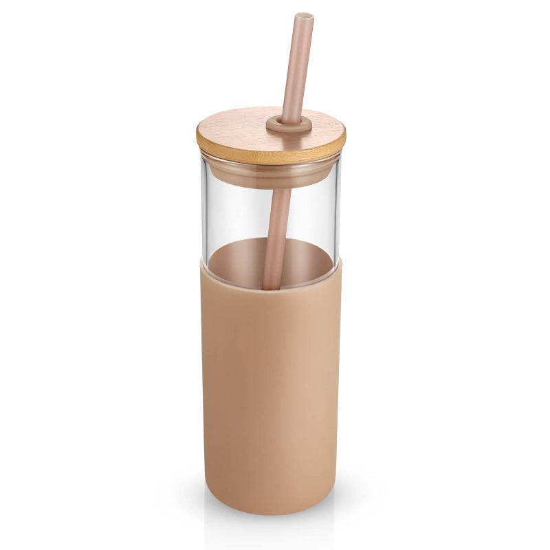 TroncoÂ® 24 oz Glass Tumbler with Lids and Straw, Reusable Iced Coffee Cup & Smoothie Cup with Bamboo Lid, Silicone Sleeve, Dishwasher Safe, BPA-Free Borosilicate Glass, 1 Pack - Image 1